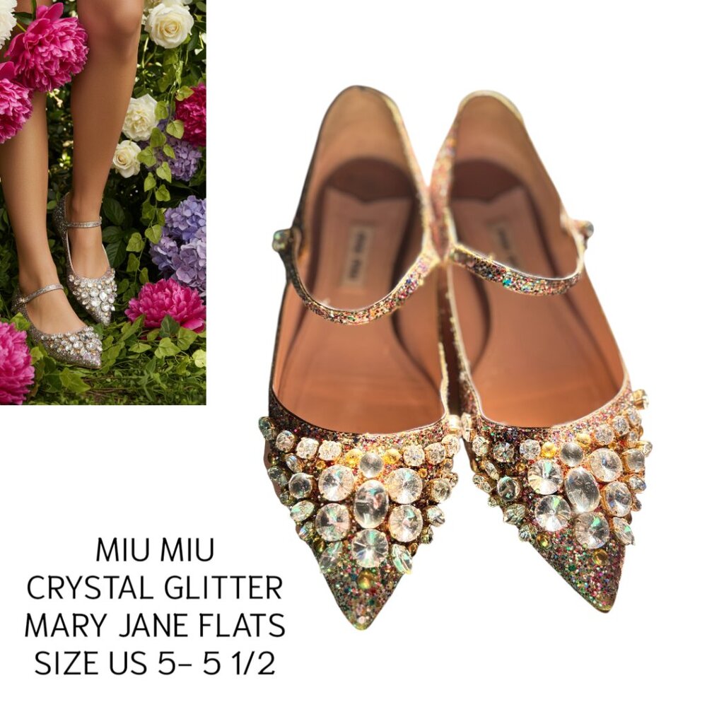 MIU MIU GLITTER CRYSTAL MARY JANE FLATS SZ.‎ 35 1/2 US 5-5.5 STUNNING!